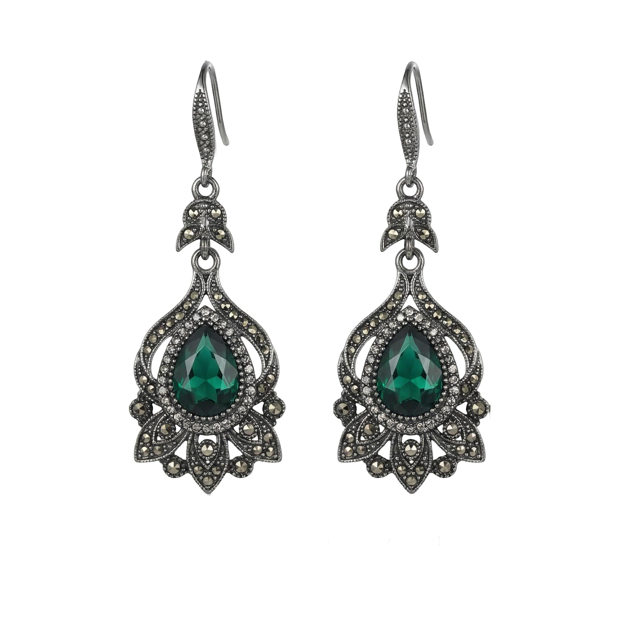 Vintage Earrings for Women Emerald Green Earrings Art Deco Antique Silver Earring Teardrop Rhinestone Dangle Drop Jewelry for Women Accessories Boho Wedding Gift