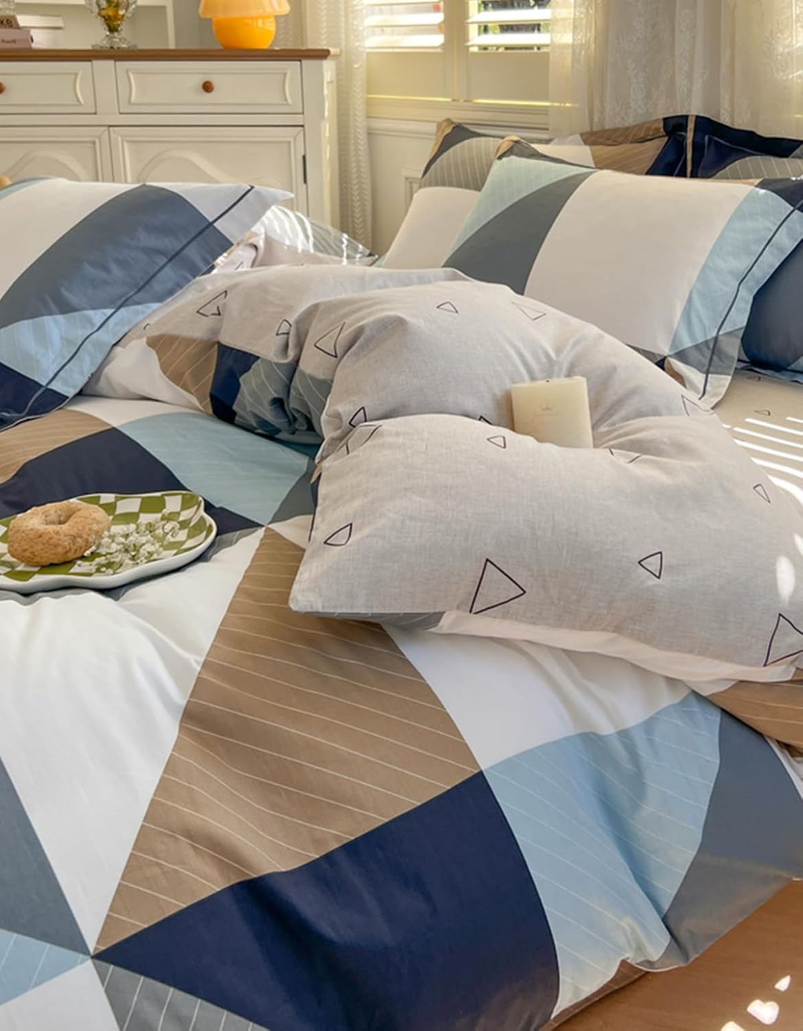 100% Pure Washed Cotton Blue Gingham Duvet Cover Beddin Set King Size Bedding Set Feel Super Soft Comfy Vintage Plaid Comforter Cover Set(Comforter Not Included qiqiaoban, King)