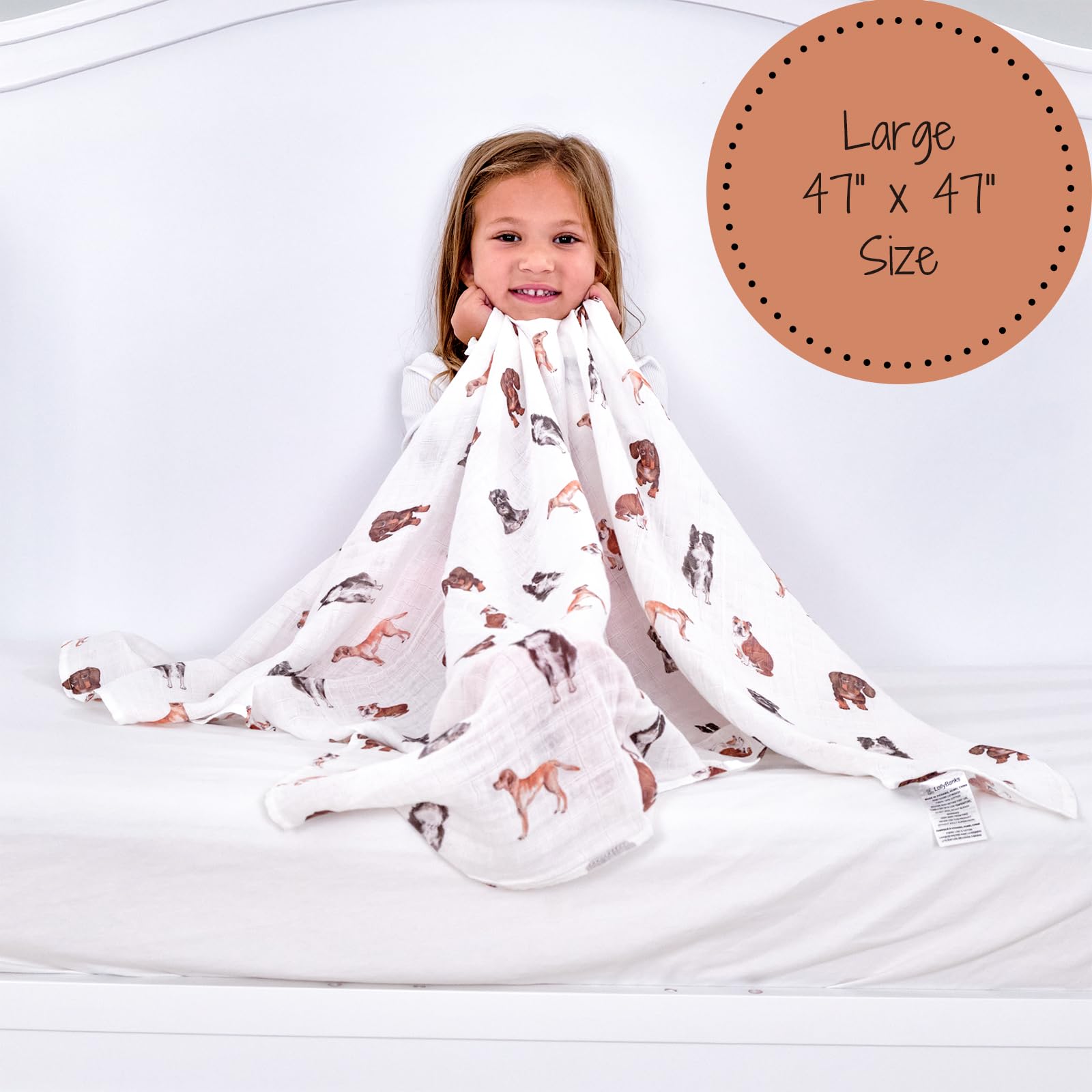 LollyBanks Manta para envolver, 100 % muselina de algodón, manta neutra de 47 x 47 pulgadas, manta de bebé para niños y niñas, artículos esenciales para bebés, lista de regalos (estampado de perros)