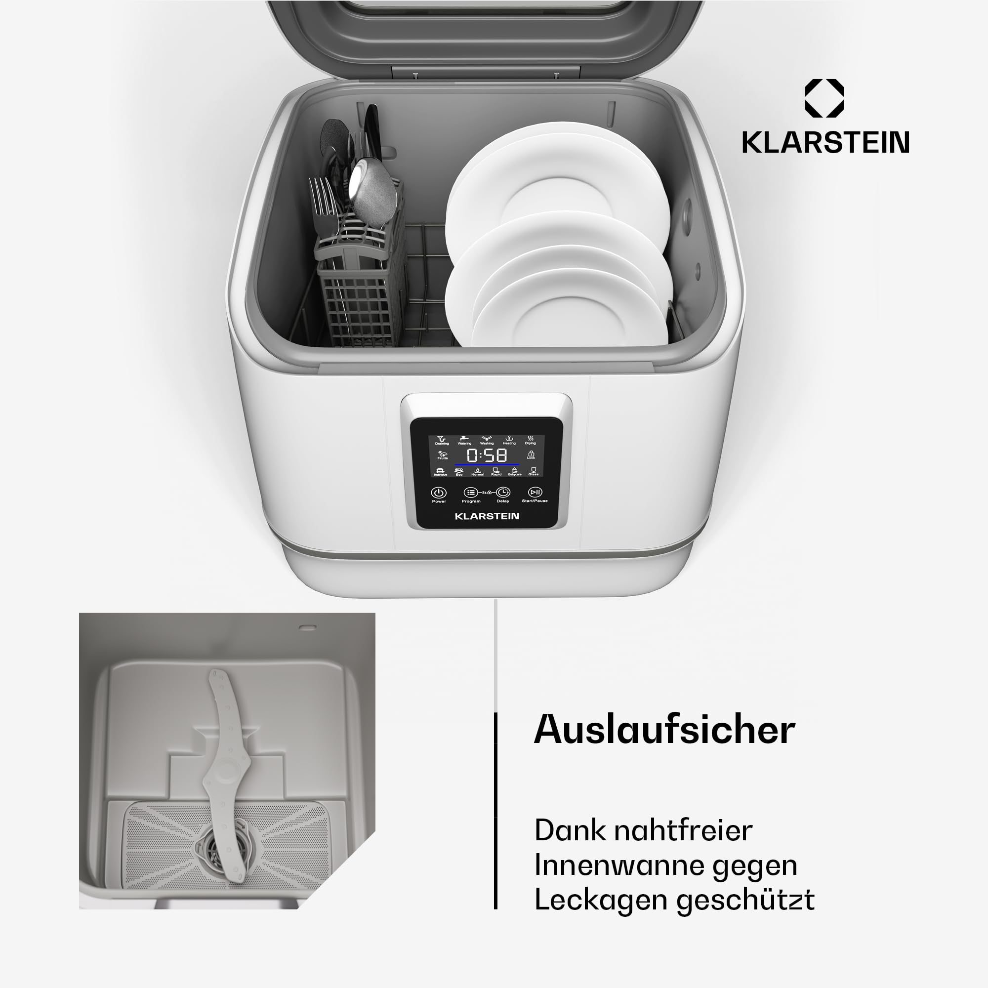 Klarstein SilentScrub Tischgeschirrspüler - kompakte & tragbare Tischspülmaschine für 3 Gedecke, 7 Programme & digitaler Touchscreen - leiser Betrieb bei 55 dB