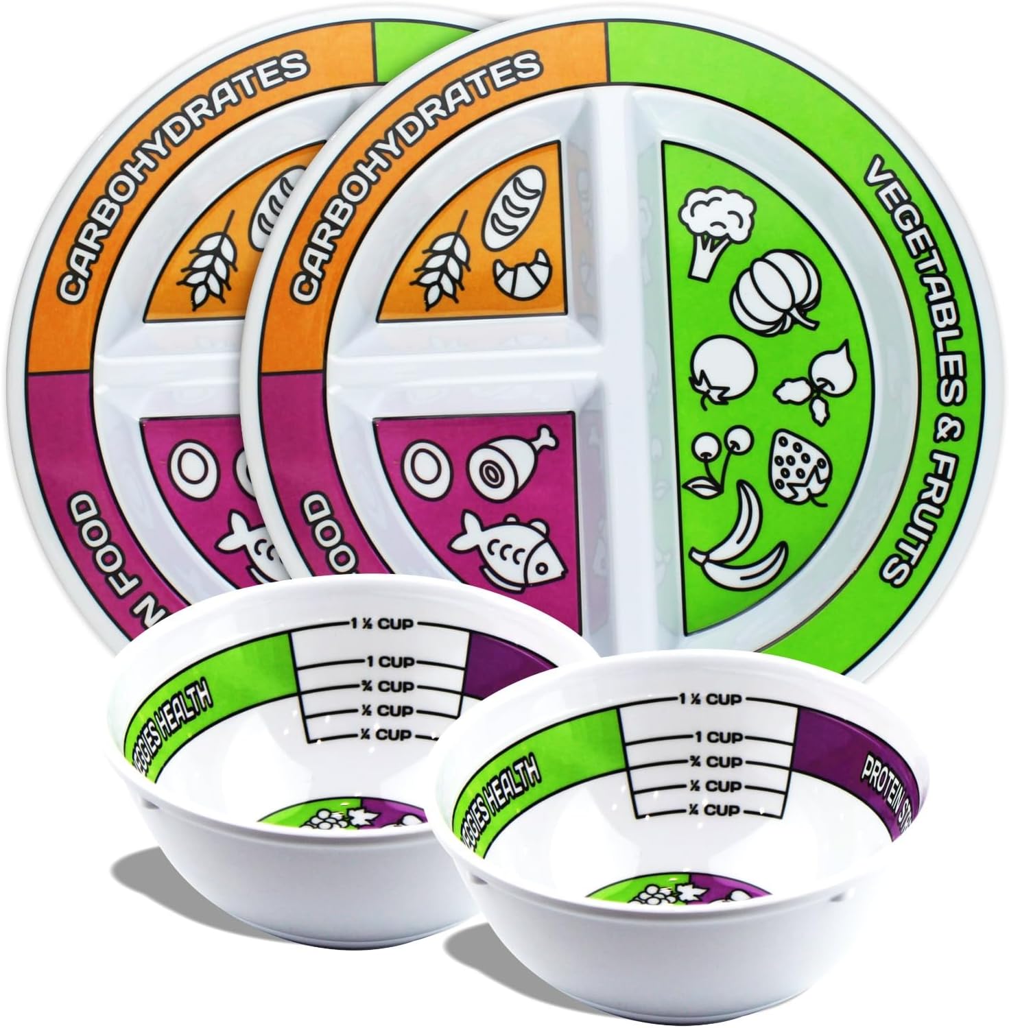 Portion Control Bariatric Plates and Bowls Set of 2 (4pcs Total) - Self-Measuring Plates and Bowls for Weight Loss, Gastric Bypass Surgery, LapBand, Diabetes and Healthier Diets, for Adults & Children