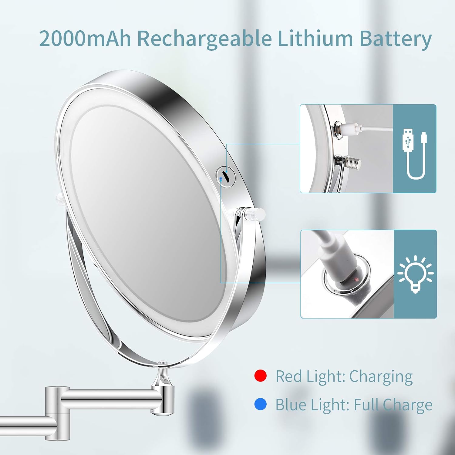 ALVOROG Rechargeable Wall Mounted Lighted Makeup Mirror 8 Inch Double Sided Vanity Mirror with 3 Color Lights 1X/5X Magnifying Mirror 0.5H Intelligent Shutdown Dimming 360 Rotation Bathroom Mirror