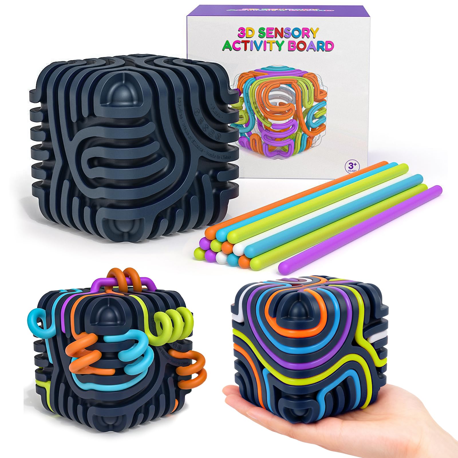 3D Zabawka Sensoryczna z 14 Silikonowymi Sznurkami, Silikonowa Tablica Sensoryczna Activity Board, Zabawka Uspokajająca dla ADHD i Autyzmu, Niebieska