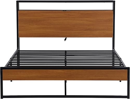 Miniatura 5 de Merax Cama moderna de plataforma de metal con enchufes y puertos USB, marco de cama de madera con soporte de listones de acero fuerte, fácil