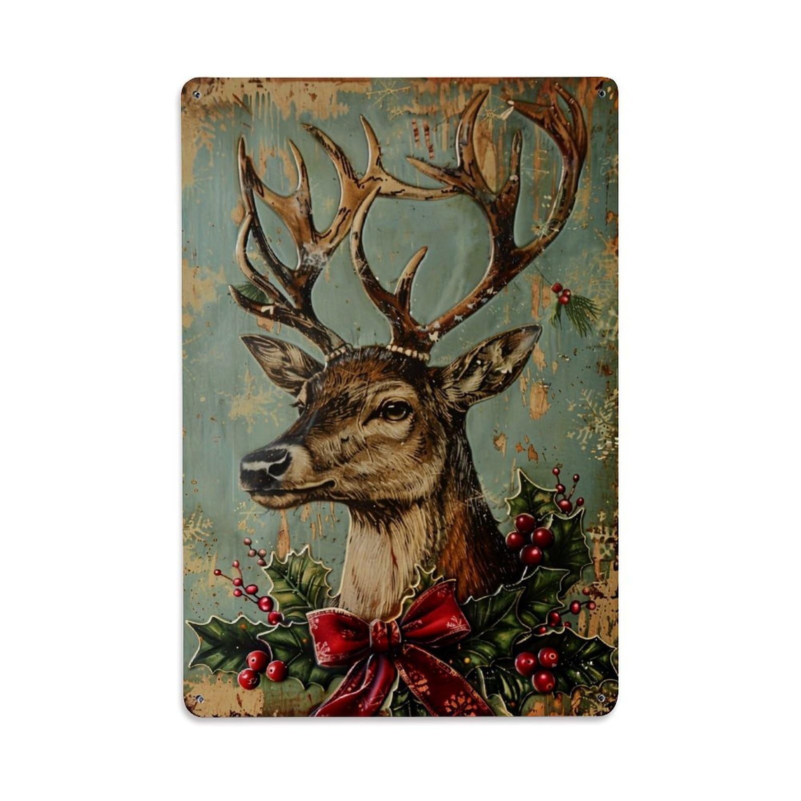 Jdfenggu Vintage Deer Antlers Holly Berries Bow Retro Metal Tin Sign, Decor Art Poster For Bar, Home, Man Cave, Kitchen, Laundry Room Gift 8X12inch