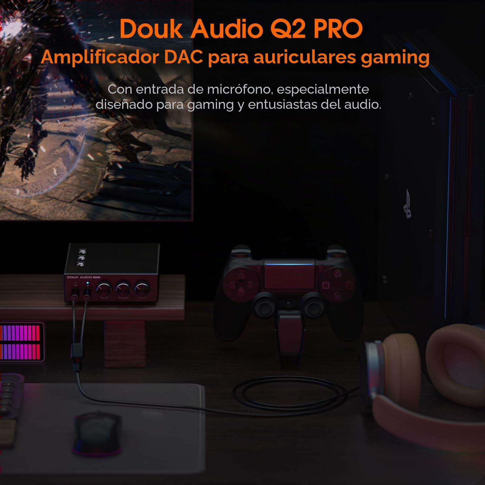 Douk Audio Q2 Pro PC Gaming DAC Amplificador para auriculares con USB & óptica y entrada MIC para PS4, PS5, Xbox, Switch, ordenador, Mac