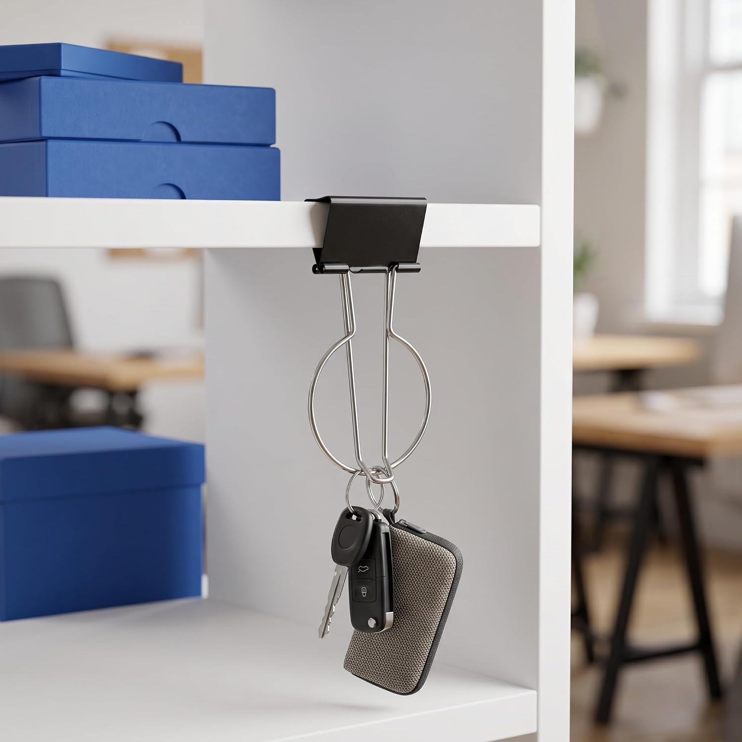 2Pcs Multifunctional Clip Cup Holder, Metal Desk Organizer with Paperclip Tray & Bag Hanger, Black & Silver, Kitchen Office Stand