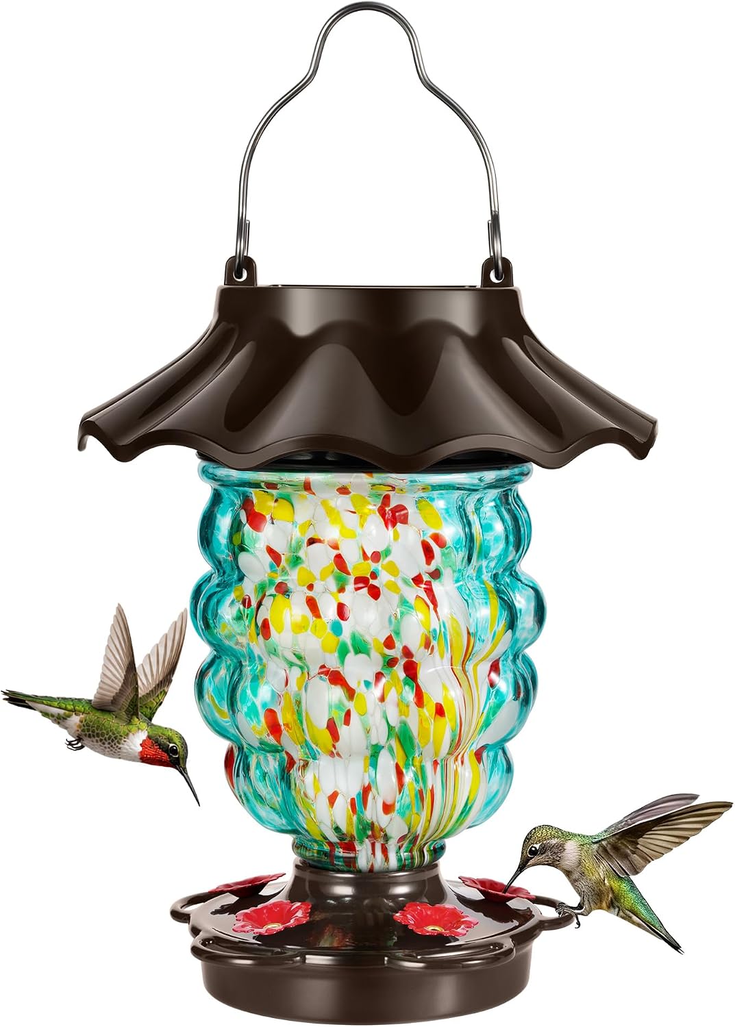 LUJII Solar Hummingbird Feeder for Outdoor Hanging, RGB Illuminated Hand-Blown Glass Lantern, 35 fl.oz, Leak-Free & Rust-Resistant, Metal Cap with 5 Feeding Ports, Pineapple Design, Teal