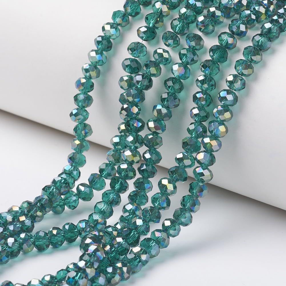 1Strand 8x6mm Transparent Electroplate Glass Beads Strands Half Green Plated Dark Turquoise Faceted Rondelle Crystal Glass Beads Spacers for DIY Jewelry Making Bracelet Necklace Crafts 15.7"
