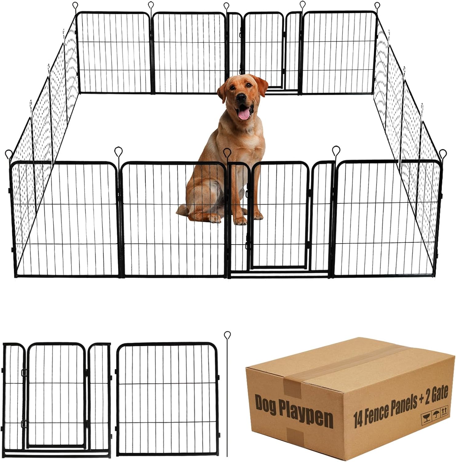 Dog Playpen,24 32 40 48 in(H) Pet Fence Outdoor for Rv Camping,Garden Fence Small Animal Barrie for Yard,11Ft(L)-56Ft(L) Black Metal Temporary Fencing 24Inch 14 Panels+2 Gate