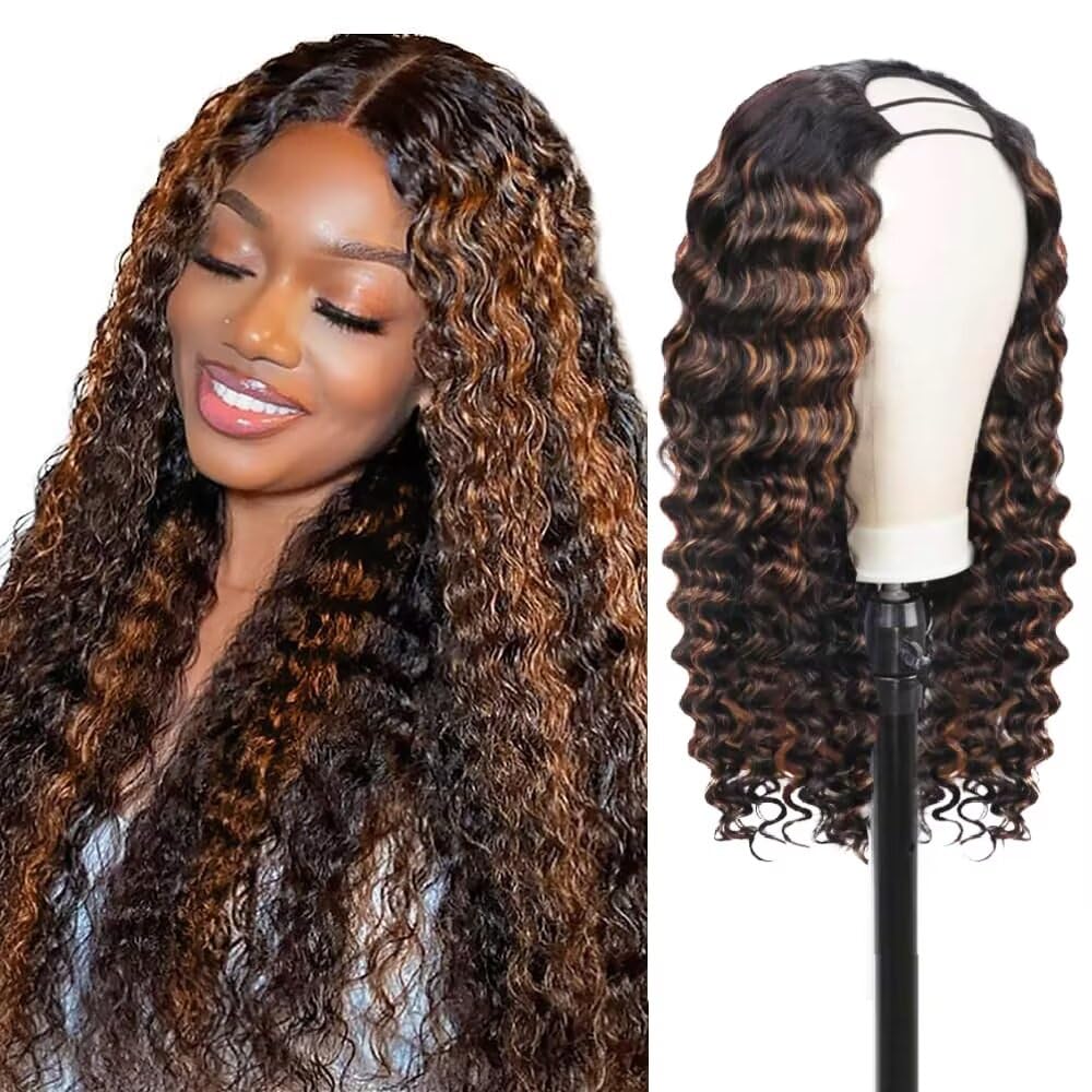 Lucasar FB30 Deep Wave U Part Human Hair Wigs for Black Women 180% Density Glueless U Shape Half Wig 180% Density Wig No Leave Out Lace Glueless Deep Curly Upgrade U Part Wigs (22 inch, FB30)
