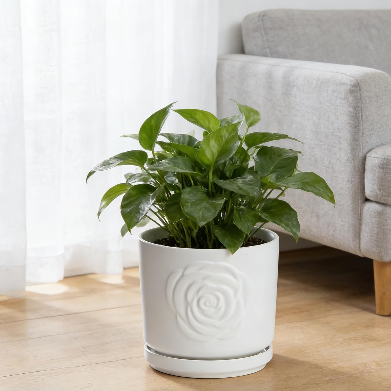 Ekirlin 7 Inch Indoor Plant Pots, White Ceramic Flower Planters, Modern Style Succulents Containers with Drain Hole & Saucer Tray, Weatherproof Pot for Decorate Home,Office & Outdoor (Rose Design)