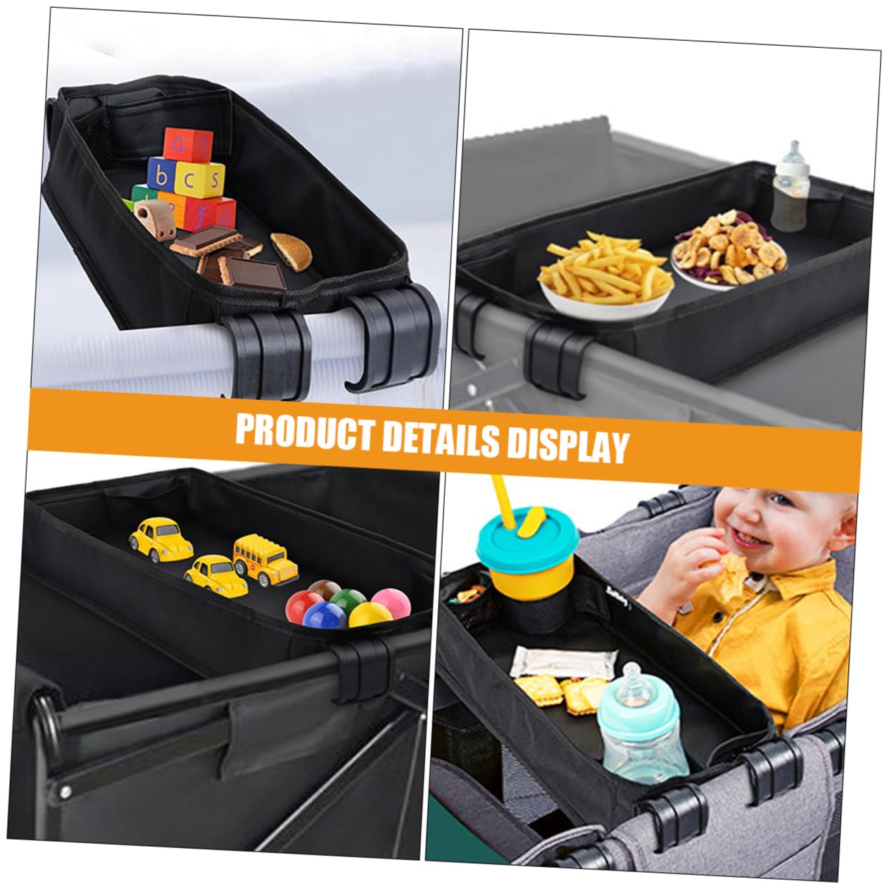 Kinderwagen Snacktablett aus Canvas, Stabil und Einfach Anzuklemmen | Unterwegs und Reisen, Fächer für Essen, Getränke und Kleinigkeiten, Kompakte Aufteilung mit Zubehörfach