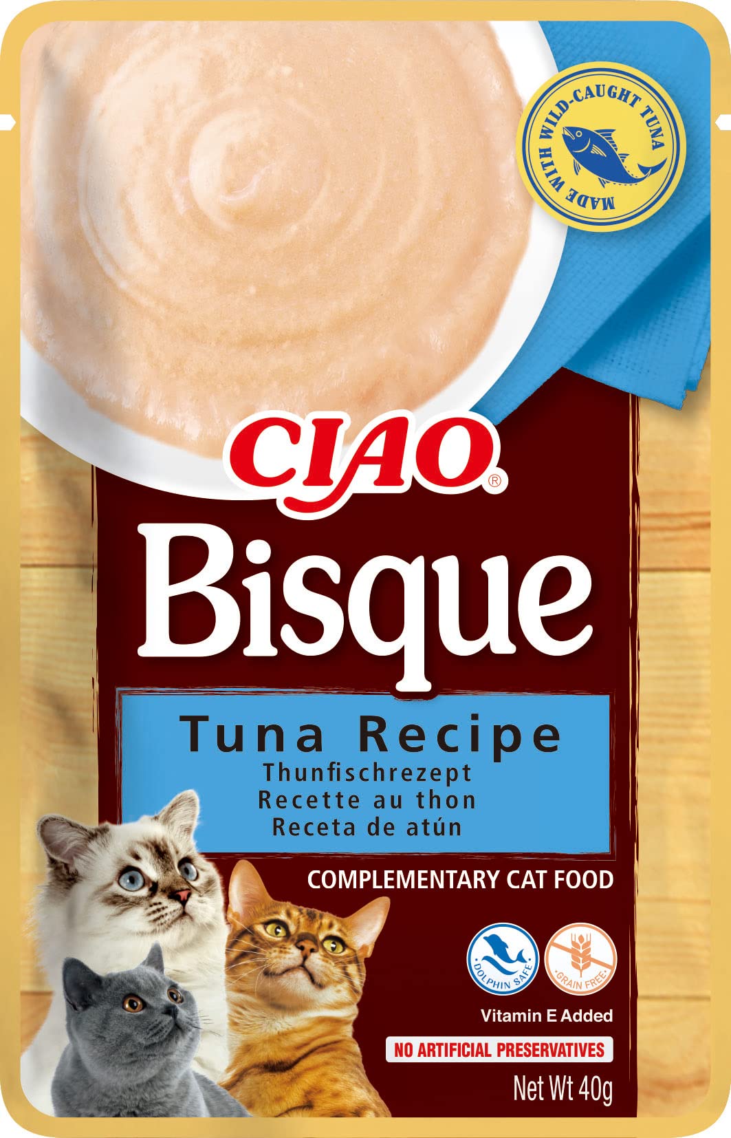 Ciao Bisque by INABA Wet Cat Food - Tuna - 1 Pack (40g total) / Moist Treat, Delicious & Healthy Snack, Puree Food Topper, Side Dish, Complement, Natural, Grain Free, Wet Cat Food