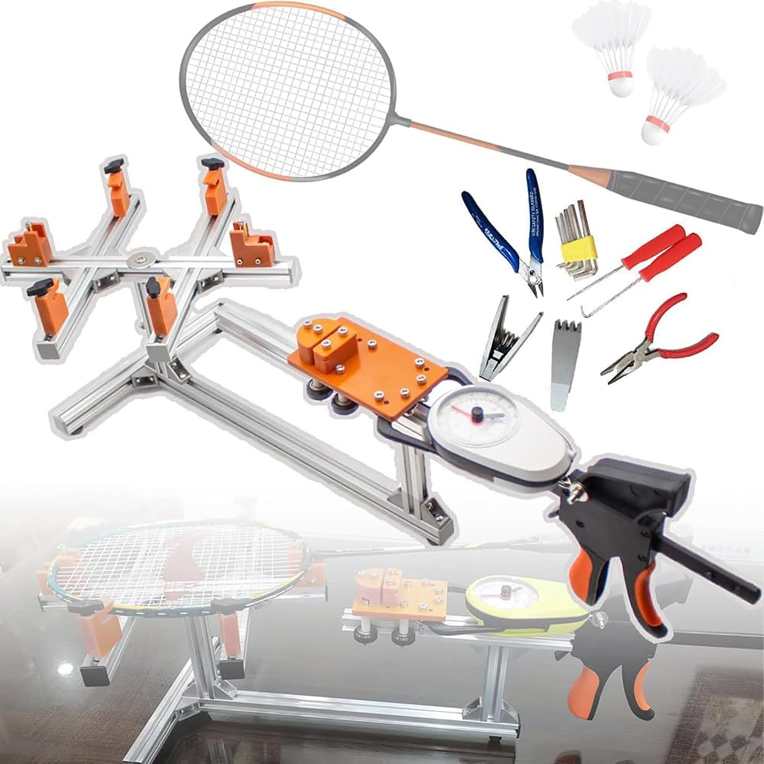 WIKINK Badminton Racket Stringing Machine, Aluminum Alloy Wire Stretcher Stringing Tool, 6-point Fixed Winch Type Badminton String Machine, for DIY Squash, Tennis or Badminton Rackets