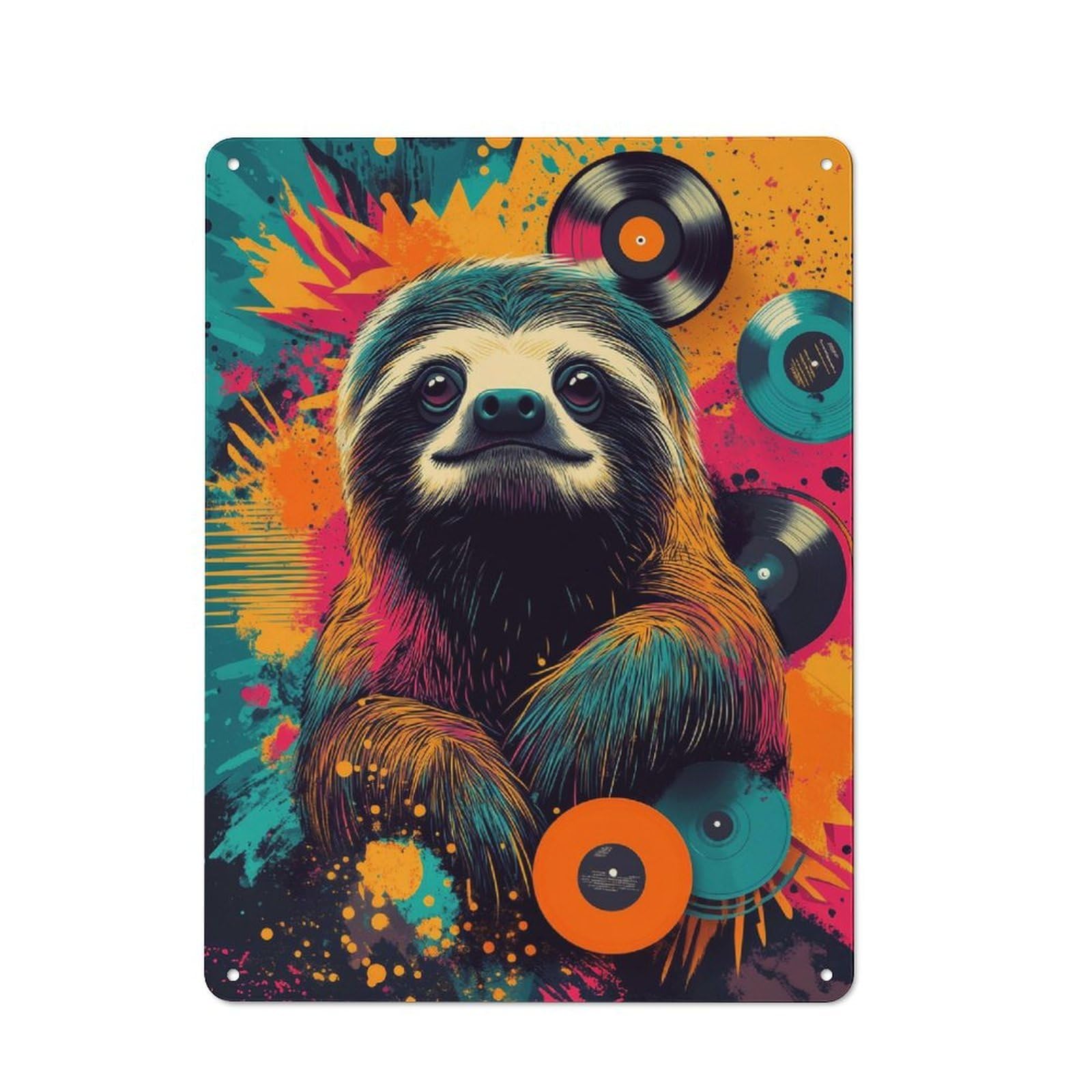 Junmoney Colorful Sloth With Vinyl Records Happy Slot Vintage Tin Sign 40X30cm With H Vibes For Home Office Or Studio, Winter Wall Decor For Creative Workspace Decorators