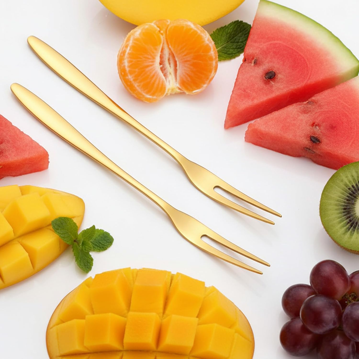 10 Pcs Dessert Cocktail Salad Fruit Fork, 2 Prong Tasting Appetizer Forks, Escargot Fork, Gold Crab Stainless Steel Quality Metal Forks for Antipasti Cheese Cake