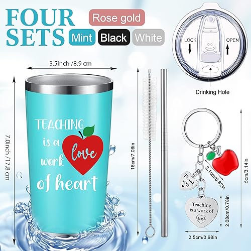 Miniatura 9 de Yinder 8 piezas de regalos de agradecimiento para profesores con 4 vasos de acero inoxidable de 12 onzas con 4 llaveros de corazón para profesores,