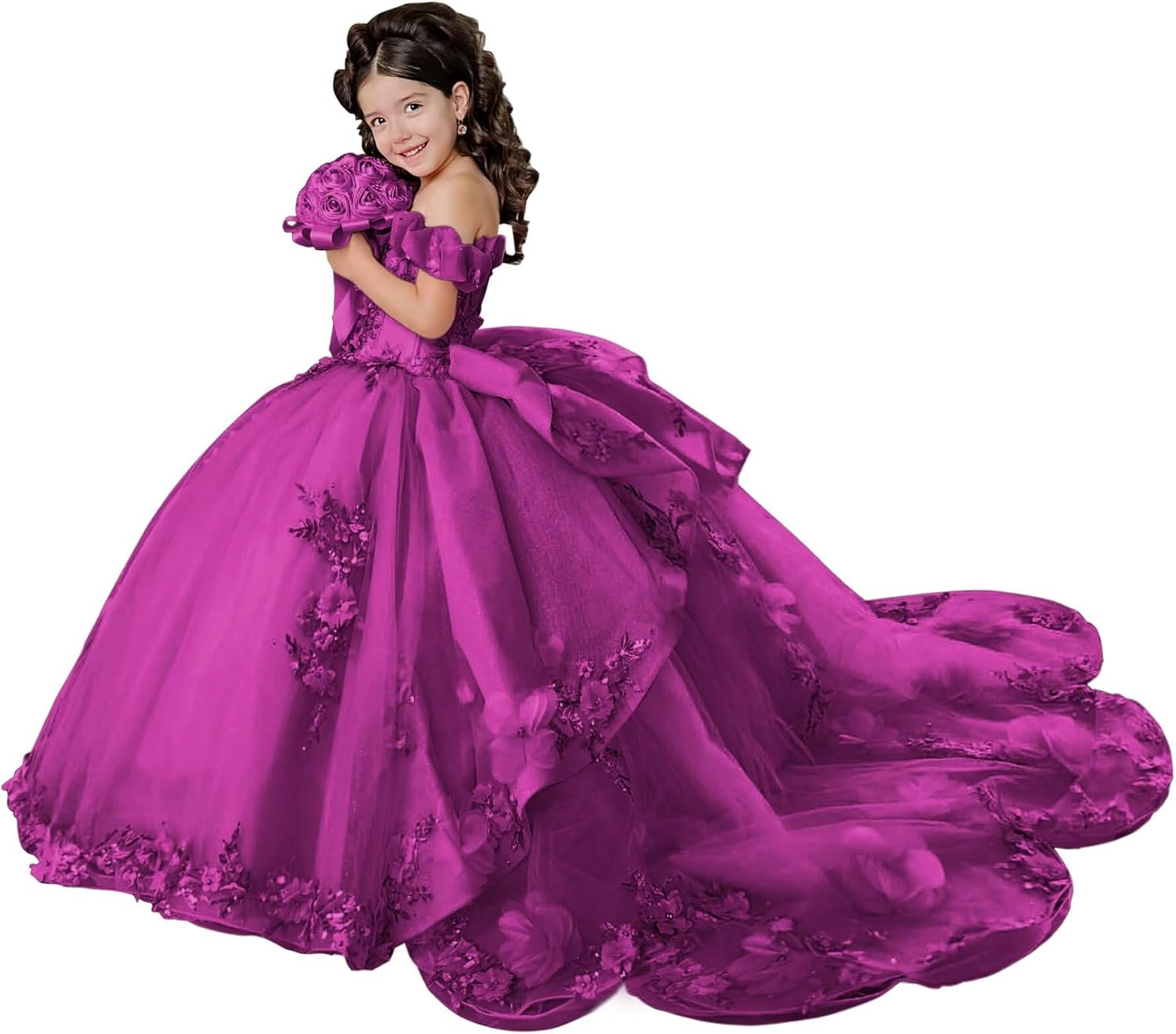 XYAYE Off Shoulder Layered Flower Girl Dresses Puffy Lace First Communion Dresses Beaded Tulle Pageant Dress for Girls