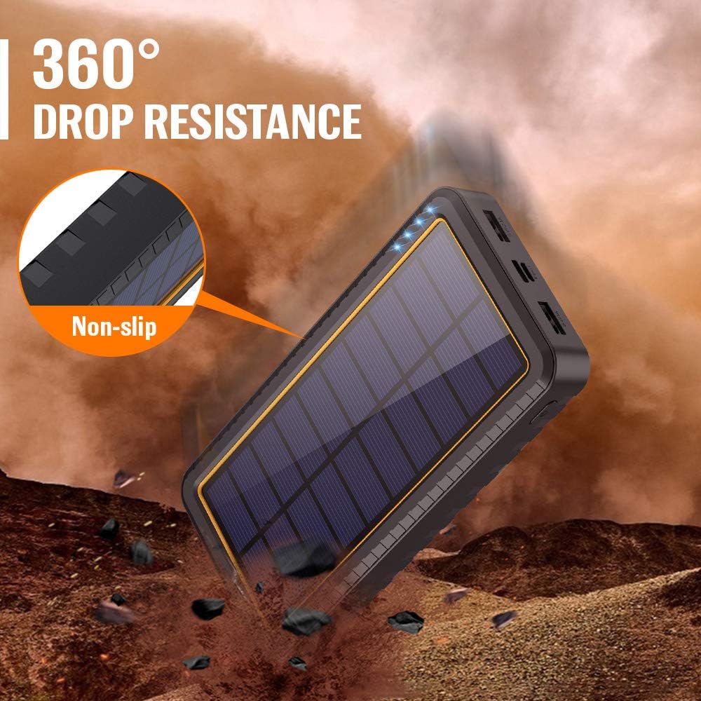 Solar Portable Charger 26800mAh Power Bank [Type-C Input] Fast Charging Phone Charger External Backup Battery Pack with 2 USB Output, LED Flashlight, Shockproof, Non-Slip, for iPhone, Samsung Galaxy