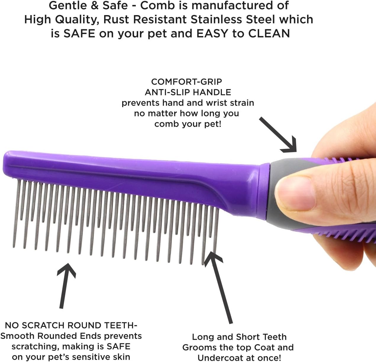 HERTZKO Long and Short Teeth Comb Grooms Your Pet’s Top Coat and Undercoat at Once - Suitable for Dogs and Cats