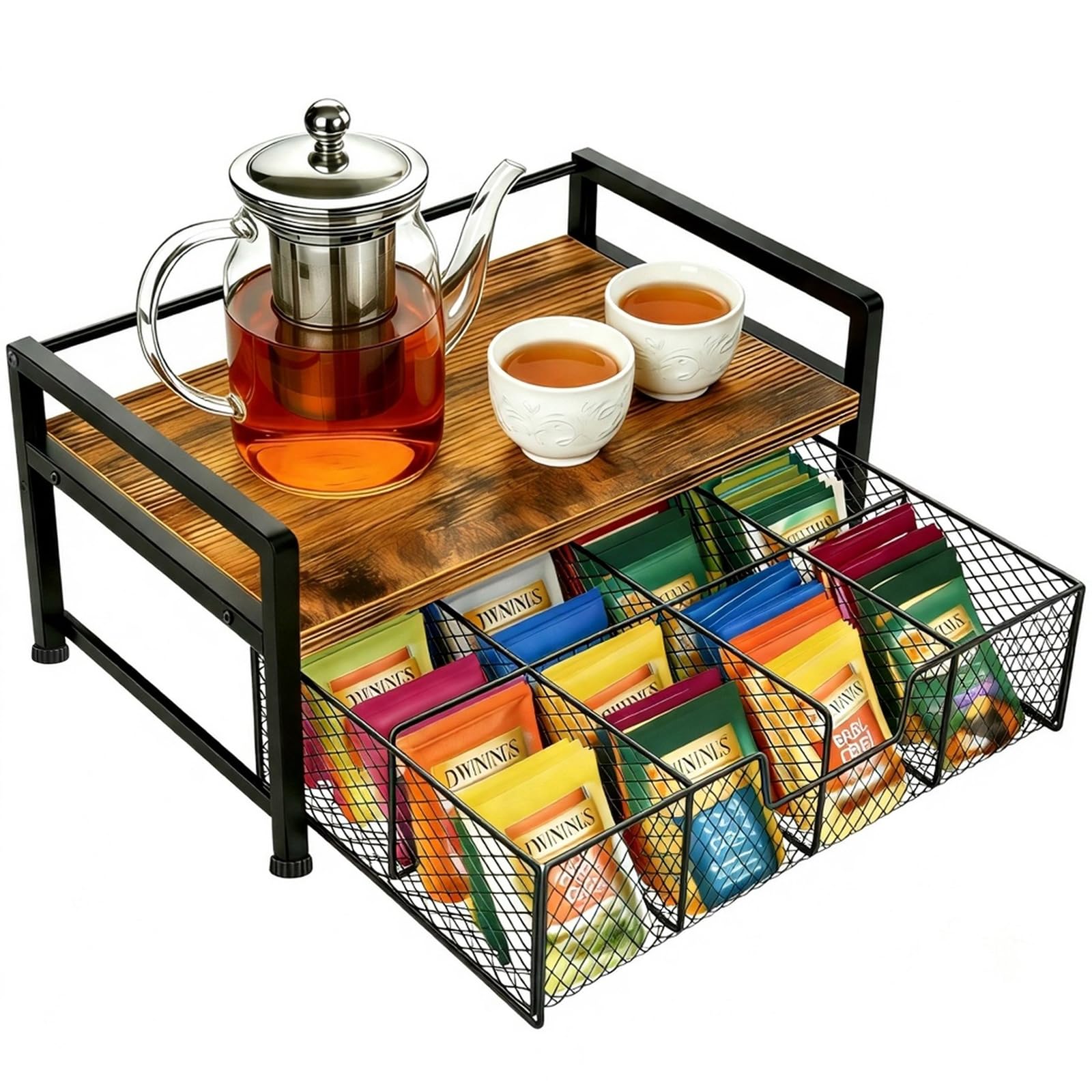 Caja de Té Infusiones con 8 Compartimentos, Organizador de Té de Madera y Metal con Cajón, Caja de Almacenamiento Elegante para Té, Café, Especias, Encimera de Cocina, Porta Accesorios de Té