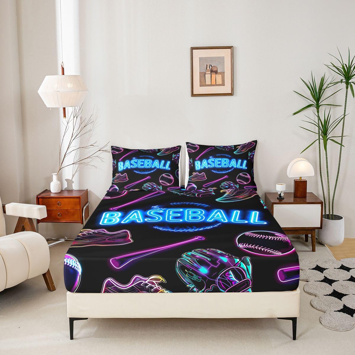 Homewish Prześcieradła baseballowe król chłopcy gra sportowa prześcieradło dzieci nastolatki świecąca piłka gry zestaw pościeli, miękkie oddychające rękawiczki do kija baseballowego buty wzór narzuta