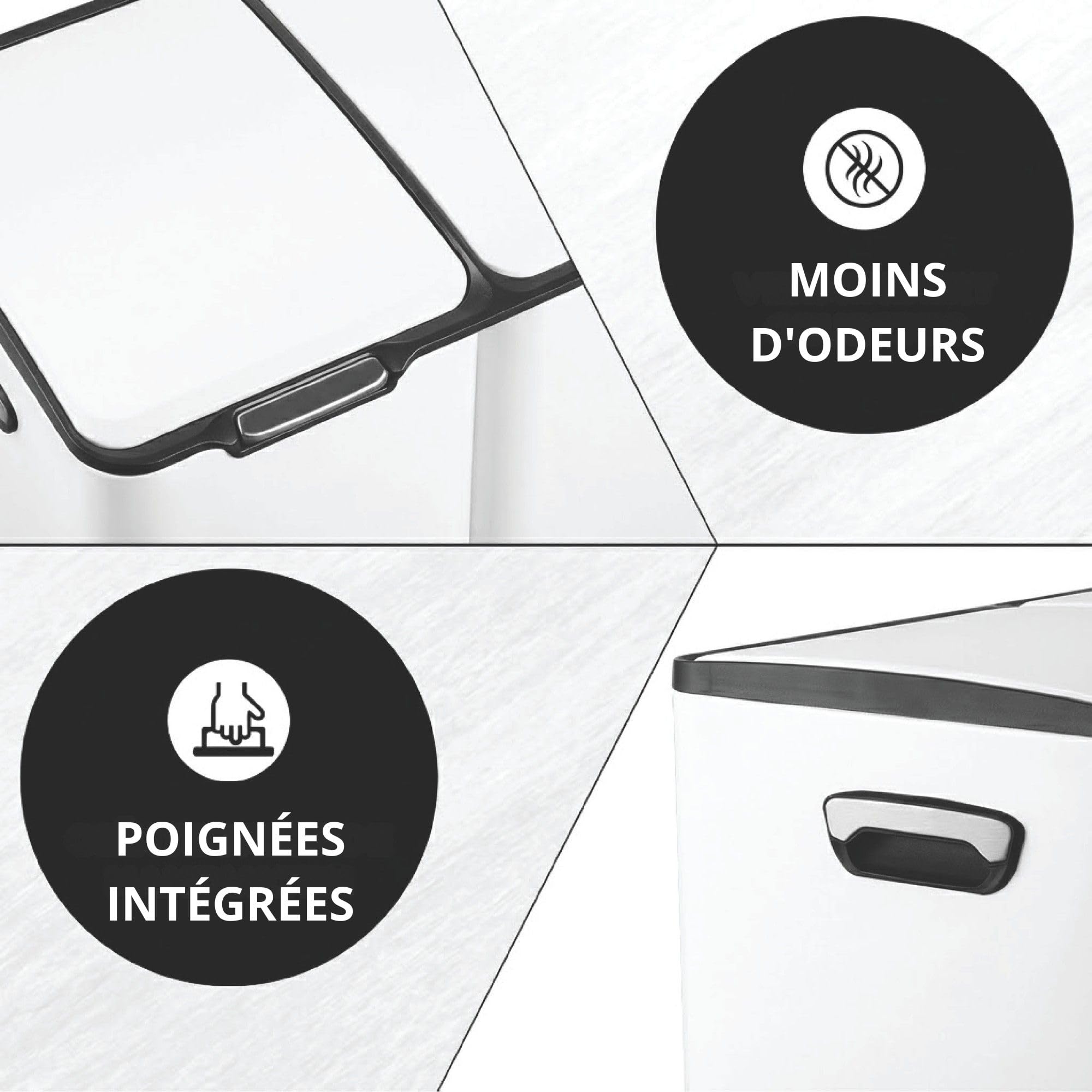 Bayt Poubelle Cuisine 60 Litres - Poubelle Tri Selectif Cuisine Pédale 60L | De Tri Déchets et Recyclage 3 Compartiments | Bac De Tri Inox Anti Odeur | Poubelles a Pedale 3 Bac Chambre - Blanc