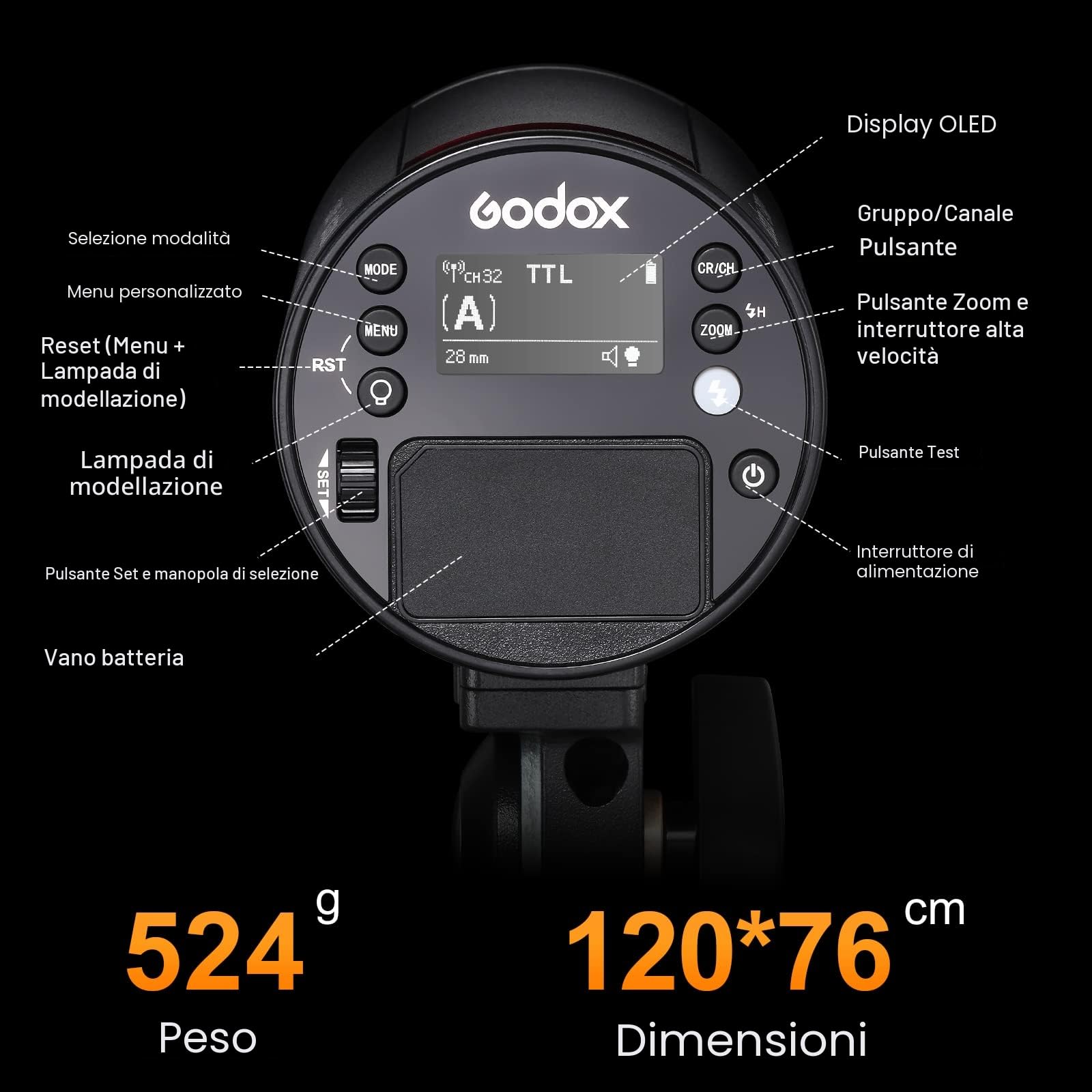 GODOX AD100Pro Nero 100Ws Testa Rotonda TTL HSS Kit Flash Portatile Compatto