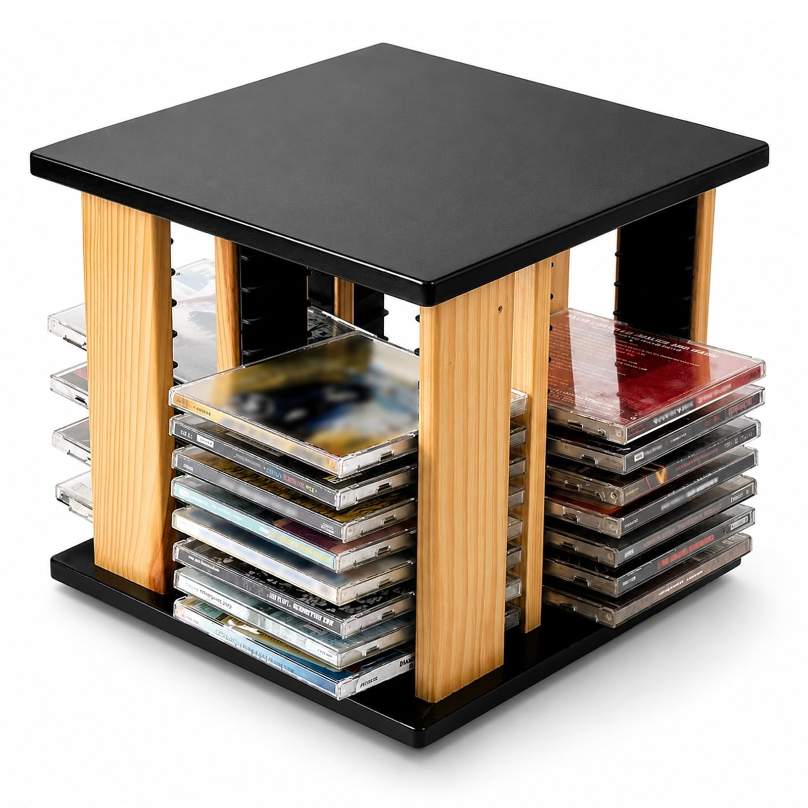 Porta CD e DVD da Scrivania Girevole a 360 Gradi in Legno for Multimedia | Contiene 45 Custodie Standard con Design Salvaspazio da Tavolo for Collezioni di Videogiochi e Film in DVD