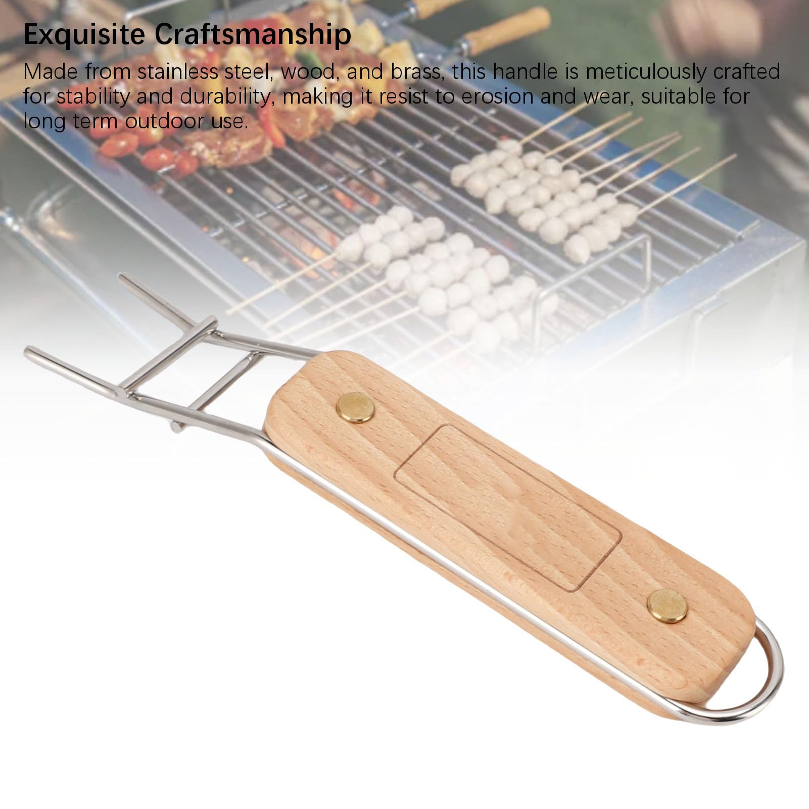 Poignée de Barbecue en Acier Inoxydable avec Lève-grille en Bois, Antidérapante et Multifonctionnelle pour Camping et Cuisson Extérieure