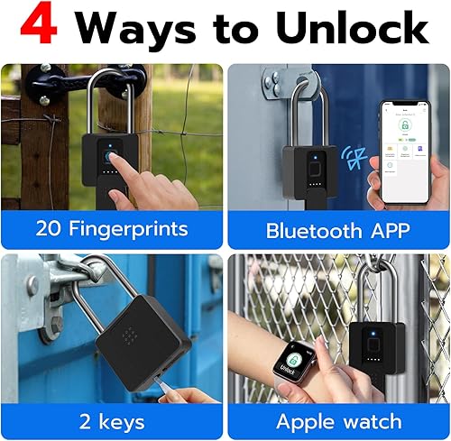 Miniatura 2 de Cerradura de puerta de huellas dactilares, grillete largo de 2.7 pulgadas, candado inteligente resistente con llave de huellas dactilares,