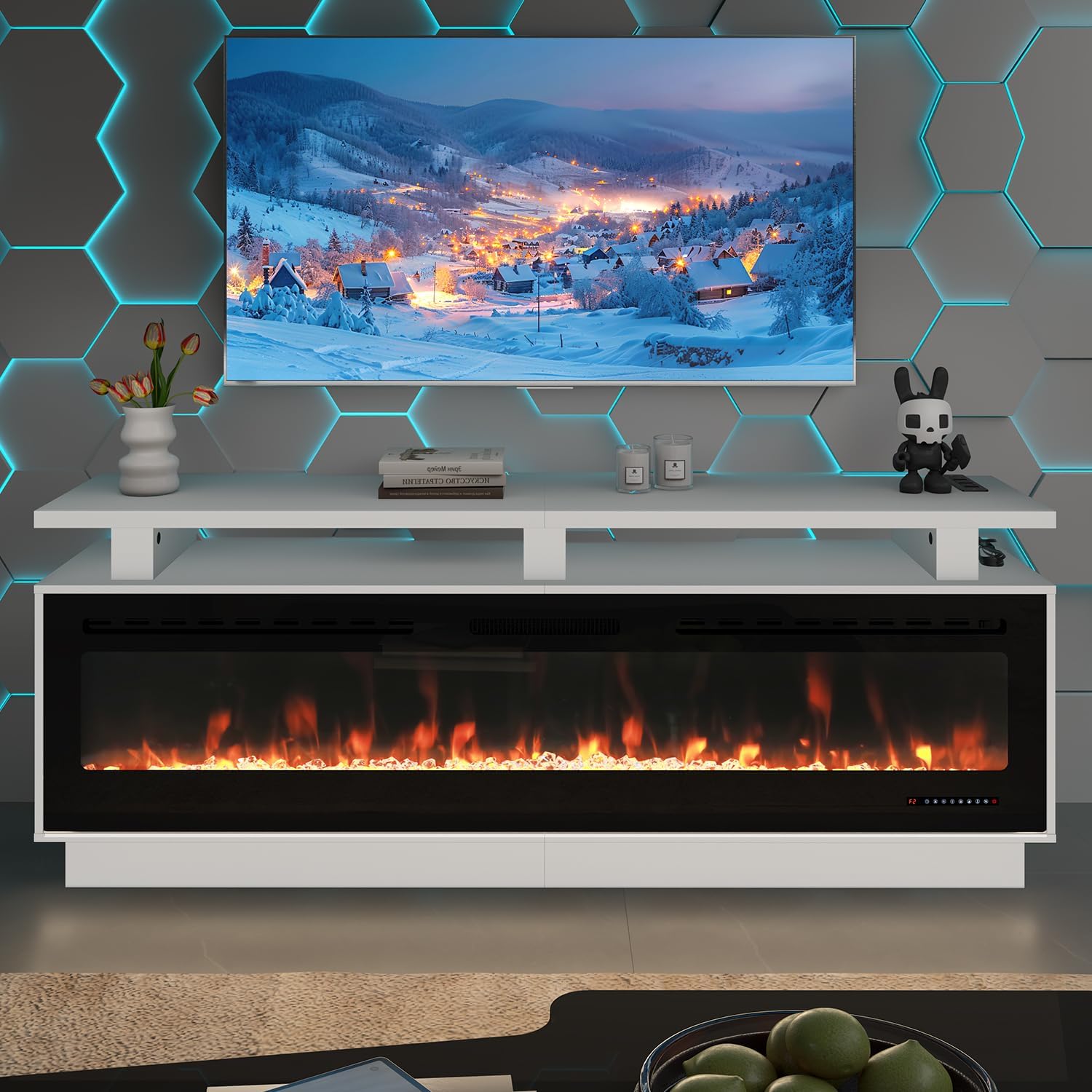 Fireplace TV Stand with 60" Electric Fireplace, Wood Fire Place with Mantel, Modern Fireplace Cabinet with Socket for Living Room Farmhouse Entertainment Center White, (60 inch,WiFi)