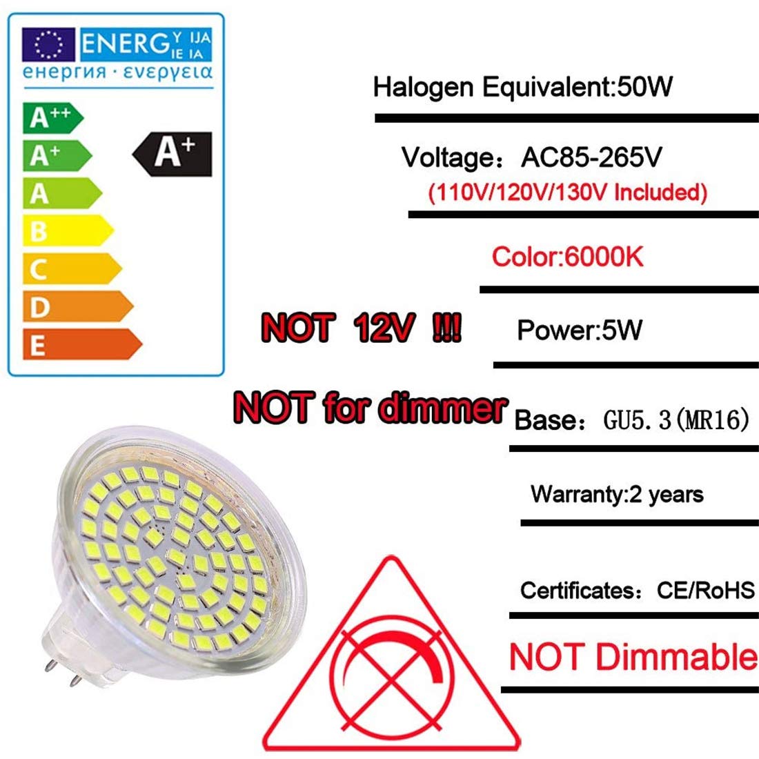 Bombilla De Foco LED MR16 GU5.3 Base 110V 120V 130V 5W Lámpara De Luz Led Bombilla Luz De Día 6000K Blanco Frío 50W Bombilla Halógena De Repuesto,12w,8pcs