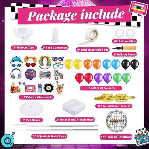 Miniatura 2 de Gejoy Juego de 2 soportes de columna de globos de los años 80 y 90 con 153 globos de discoteca, 19 tarjetas de los años 80 y 90, pilar de torre