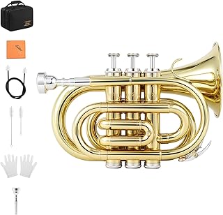 Eastar Pocket Trumpet B Flat Brass Bb Pocket Trumpet with Mouthpiece 7C, Cleaning Cloth, Hard Case, Gloves, Full Kit, Gold Lacquer, ETR-330