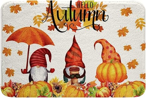 Tapete de baño de gnomos de otoño, calabazas, girasol, hojas de arce, alfombras de baño de cosecha de otoño, felpa antideslizante, 32 x 20 pulgadas