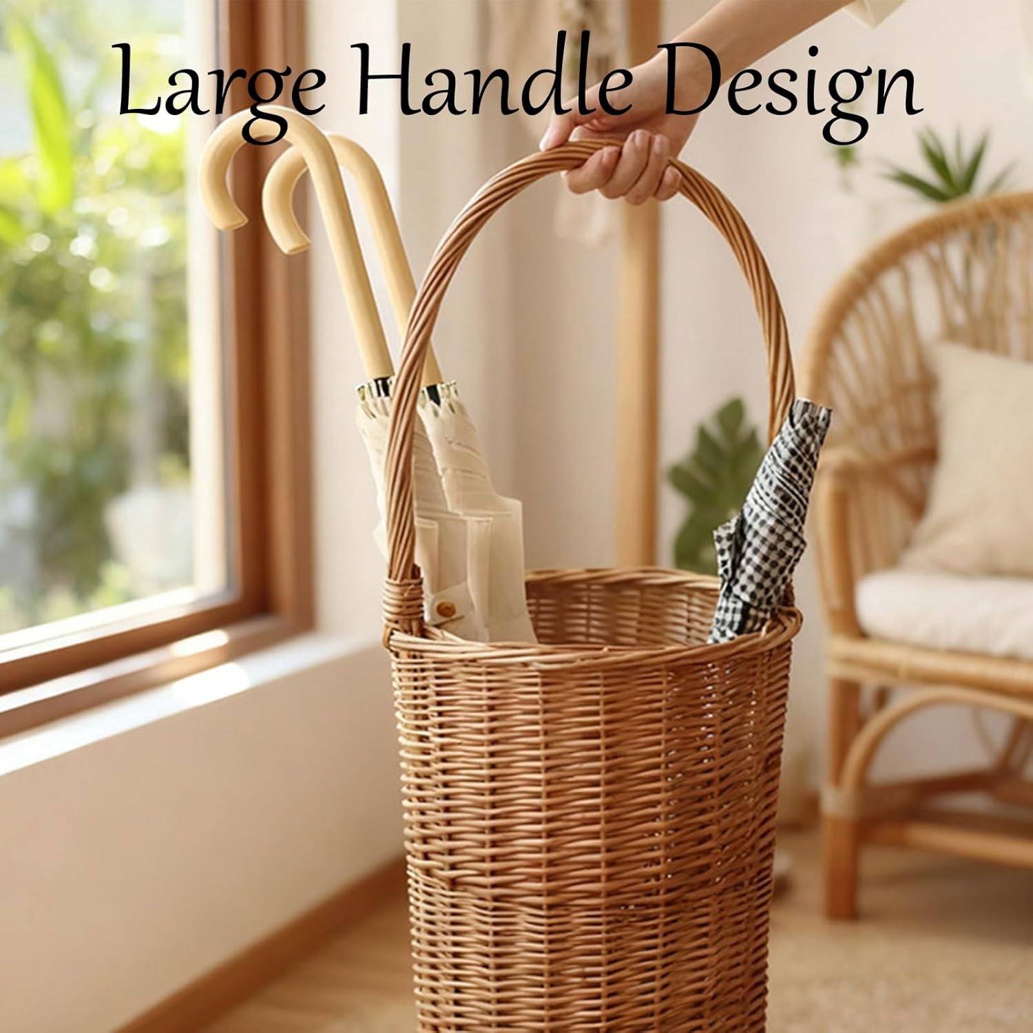Rattan Umbrella Stand Rack, Wicker Weave Japanese Style Umbrellas Storage Bucket, Household Laundry Basket with Handle Fits Mudroom, Walking Canes, Home, Office