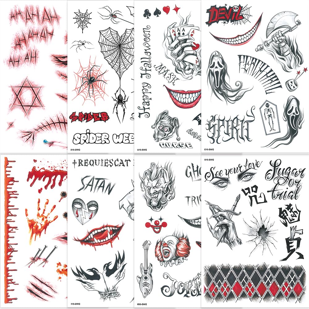 72 PCS 8 Sheets Largest Halloween Fake Scars Temporary Tattoos, Realistic Fake Blood Wound Stitch Zombie Makeup Face Tattoo Sticker, Ghost Spider Scars Tattoo Prank Halloween Cosplay Party