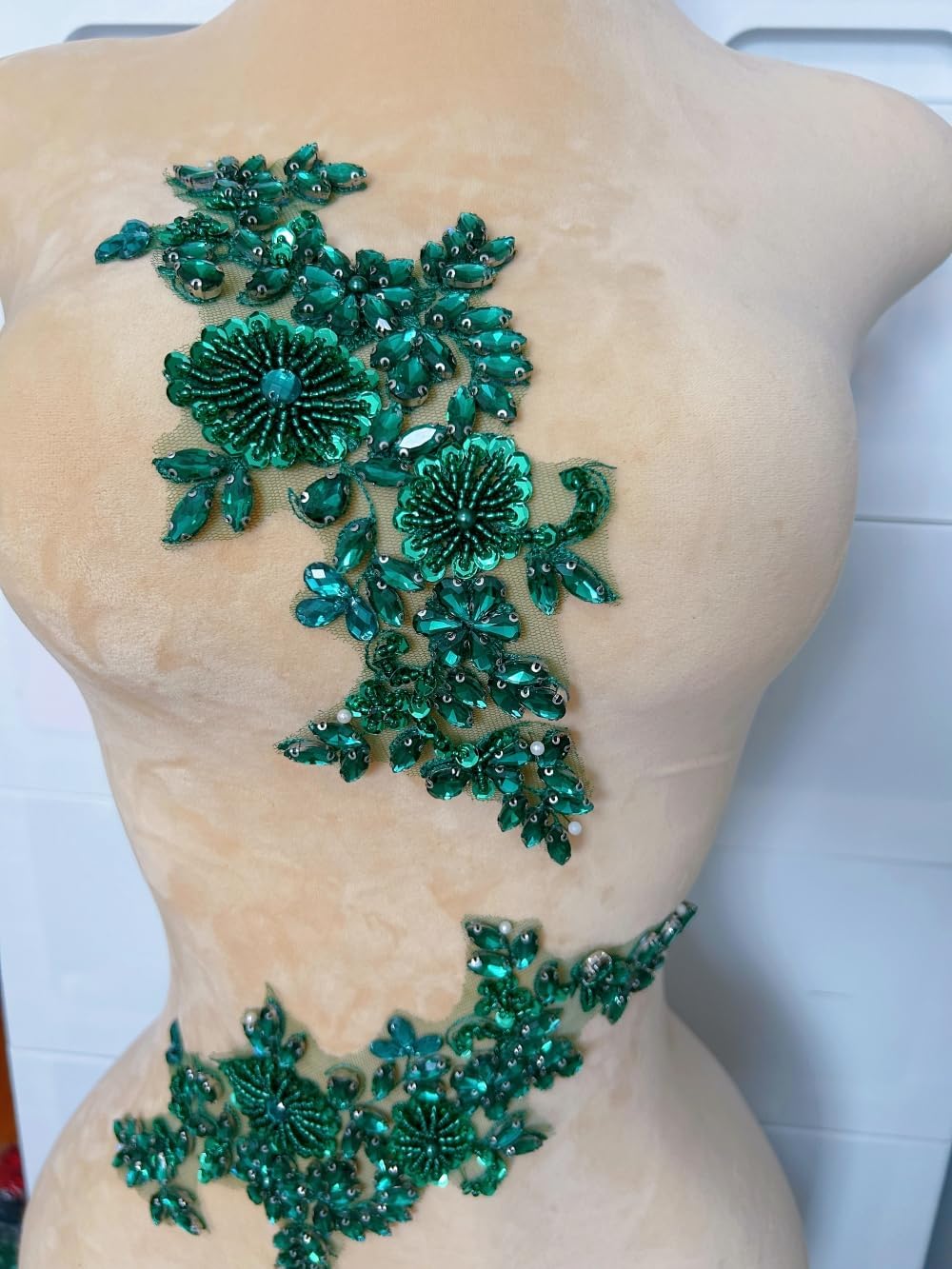 Beaded Lace Applique Pair with Claw Rhinestones & Glass Crystals, Hand-Embroidered Sew on Patch for Bridal Dress/Costume Decoration (Deep Green)
