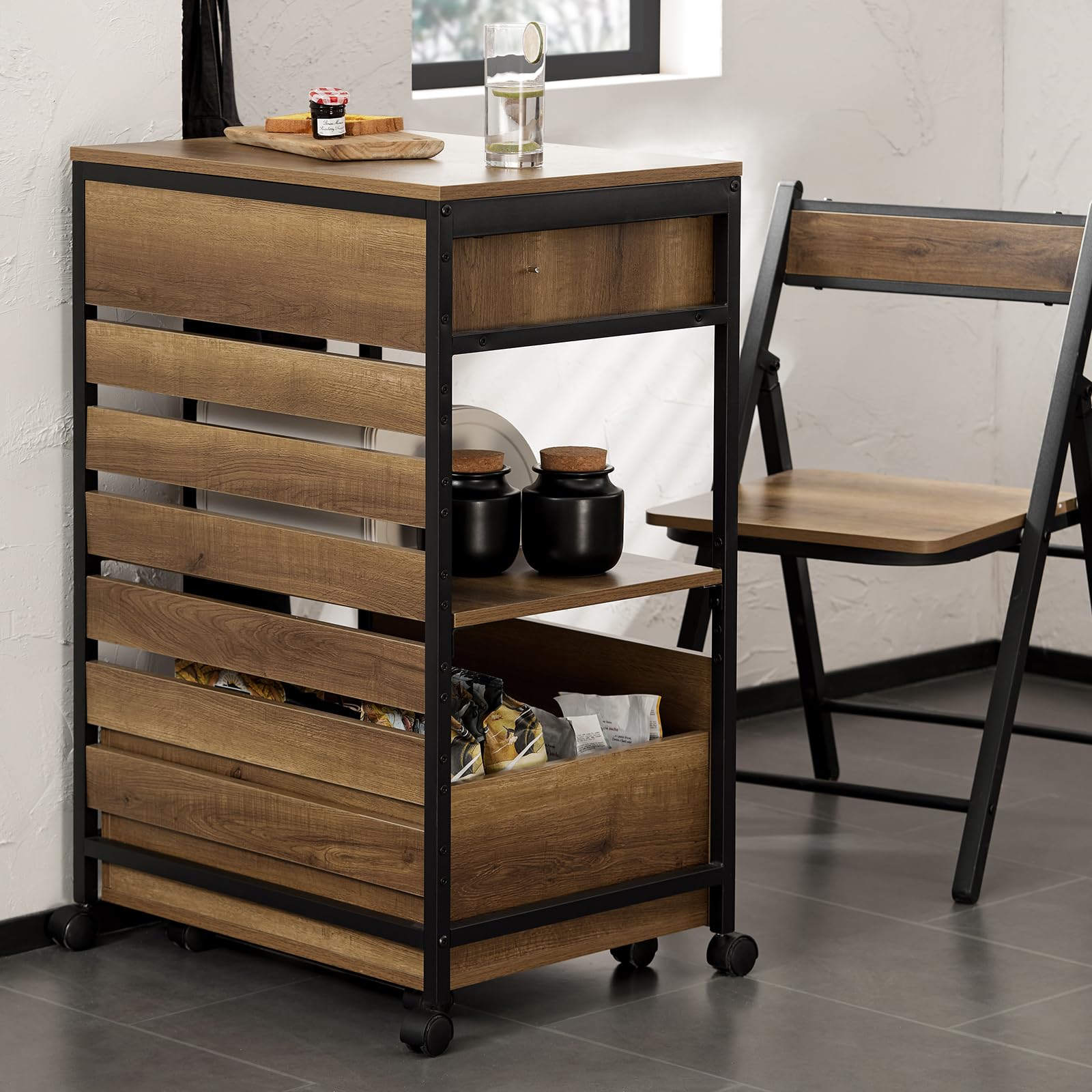 SoBuy Carrello da cucina con cassa contenitore rimovibile, carrello su ruote/serving cart/bar cart stile vintage, LxAxP ca. 60×90×45 cm FKW118-PF