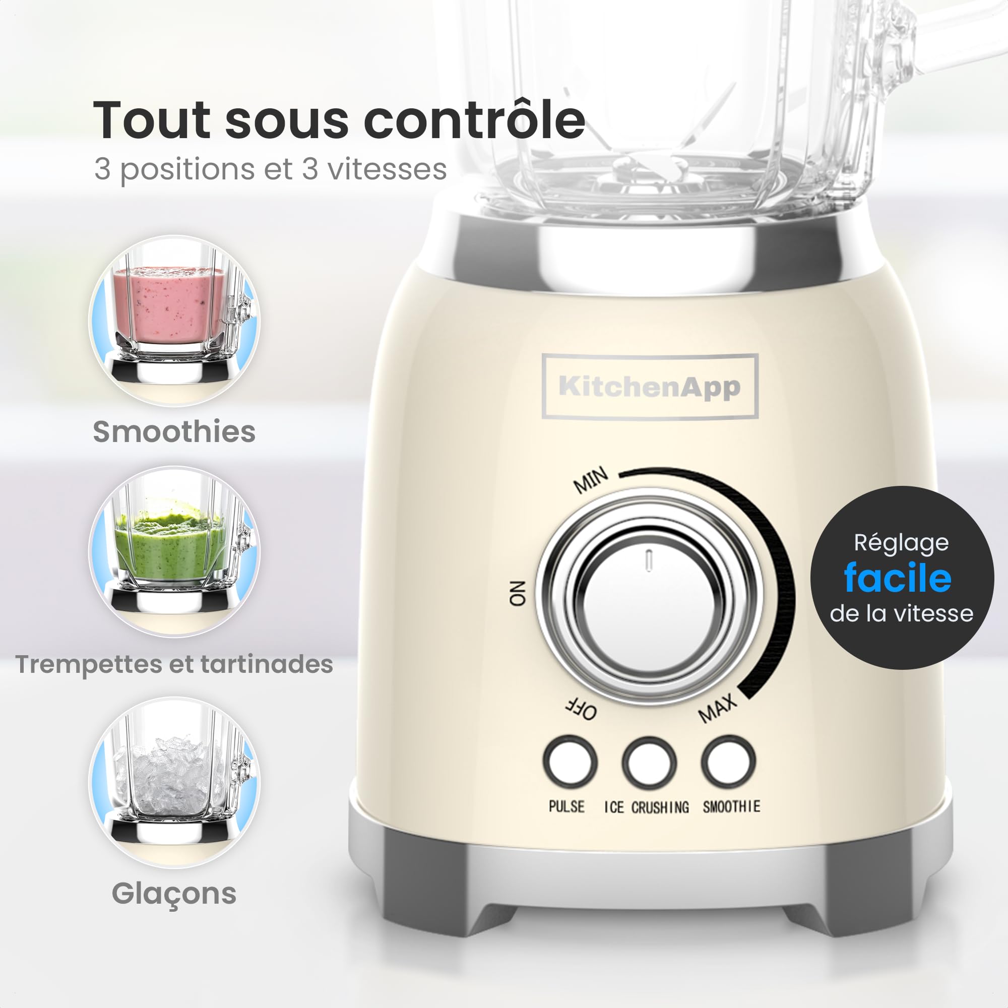 Blender Rétro 1,5L en Verre – Mixeur 800W avec Ice Crush, Smoothie & Pulse – Beige