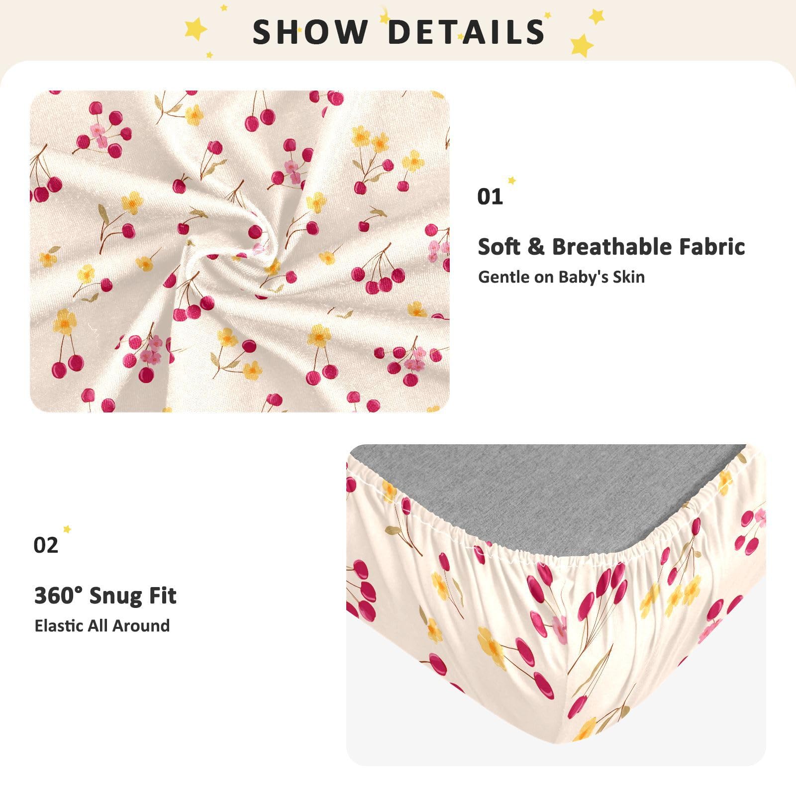 Sábanas para cuna de bebé de algodón con diseño de dibujos animados Sundown Cherry Ivory para bebé, suave y elástica, para decoración de guardería, 1 paquete de sabanas para cuna