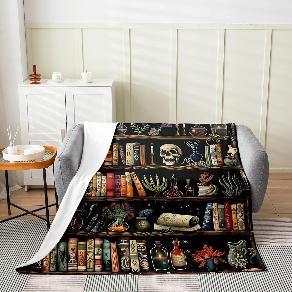 Magic Bookcase Flannel Blanket Queen 90"x90" Warm Lightweight,Retro Halloween Decor Skull Potion Flannel Sherpa Blanket,Boys Girls Halloween Farmhouse Decor Breathable Flannel Plush Blanket