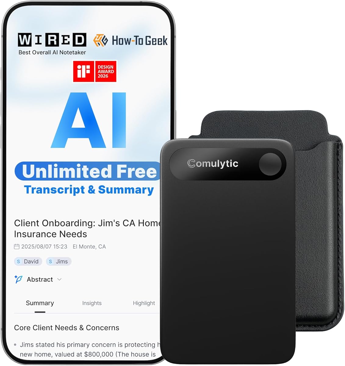 Comulytic Note Pro AI Voice Recorder, Unlimited Transcribe &amp; Summarize, AI Note Taking Recording Device w/Case, App Control, 113 Languages for Calls, Meetings, Lectures, Interviews, Black