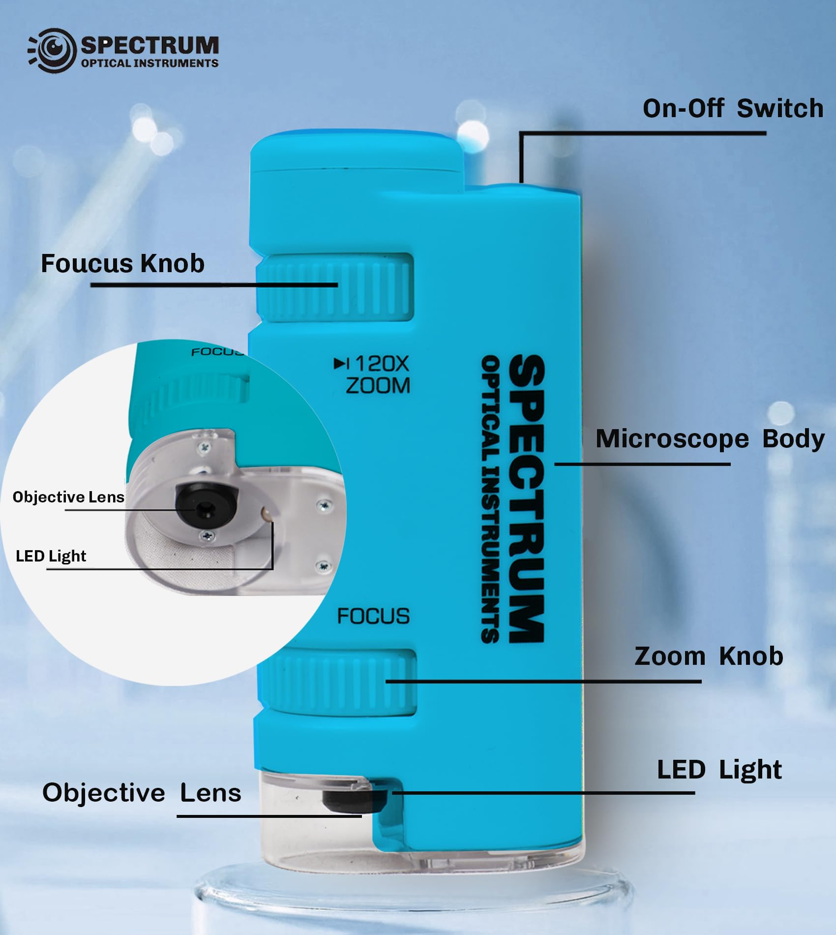 Mini Microscope for Kids, 60X-120X Portable Handheld Microscope with 8 Slide Samples, Blue