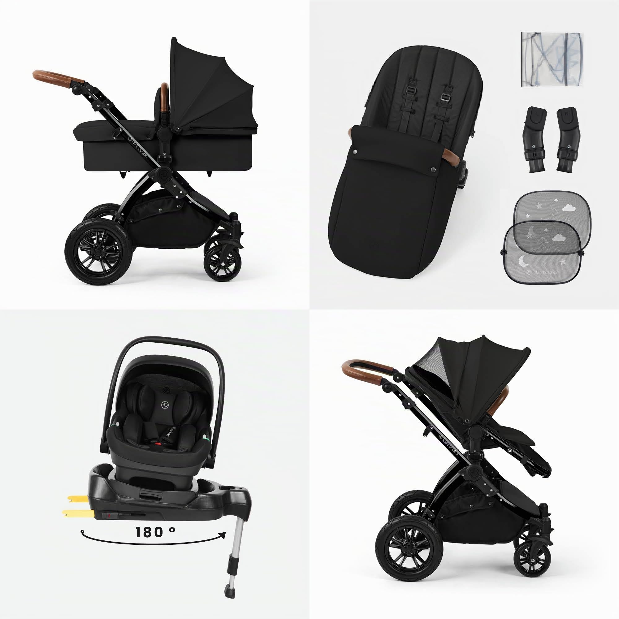 Système de voyage Ickle Bubba Stomp Luxe 12 pièces avec siège auto i-Size Nimbus et base ISOFIX pivotante à 180° – De la naissance à 22 kg (environ 4 ans) (Minuit/Beige, Châssis noir)