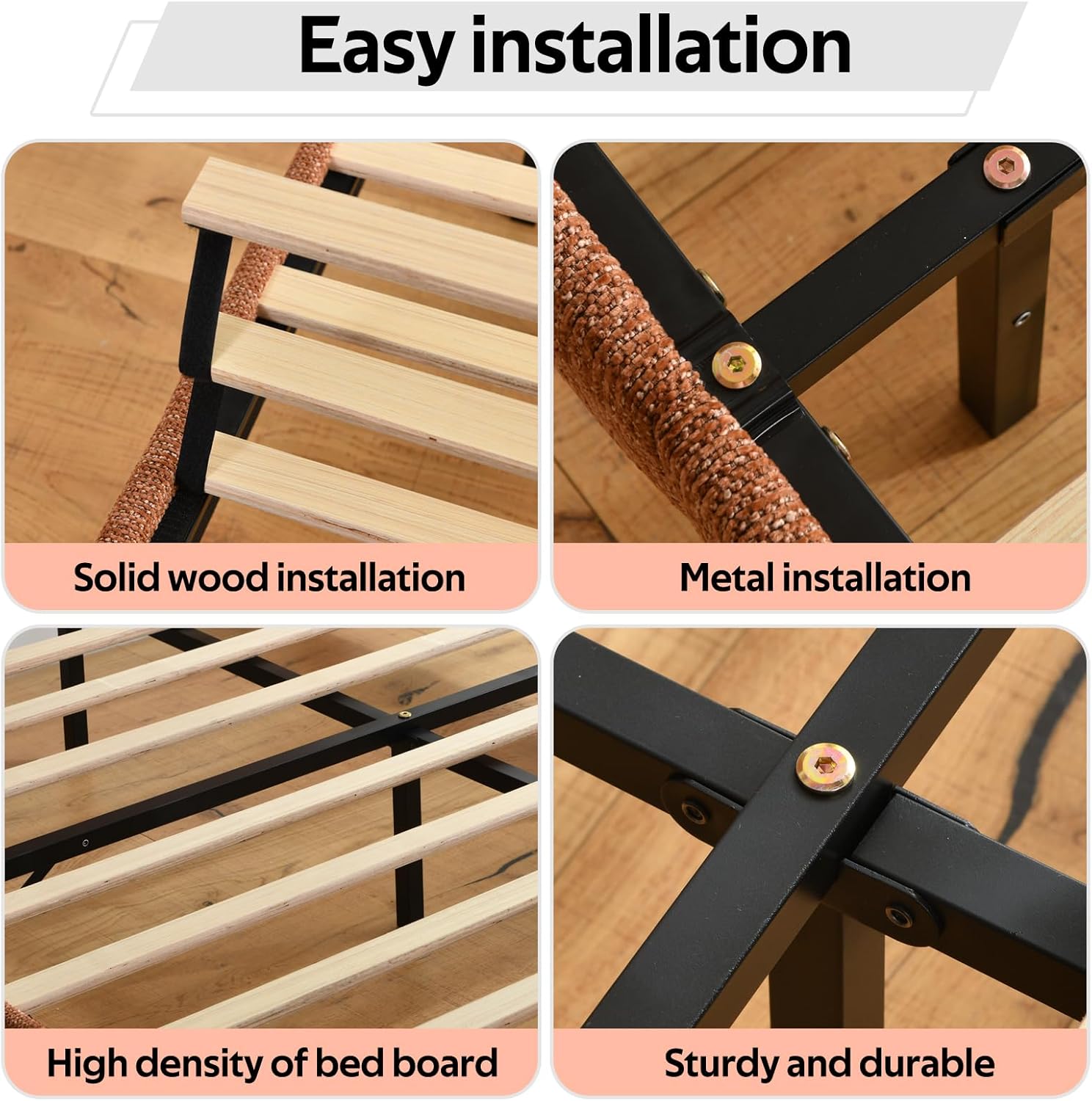 YUHUASHI King Upholstered Platform Bed Frame with Solid Wood Trim Headboard, Linen Fabric Upholstery, Sturdy Slat Support No Box Spring Needed, Easy Assembly (OCHER, King (U.S. Standard))