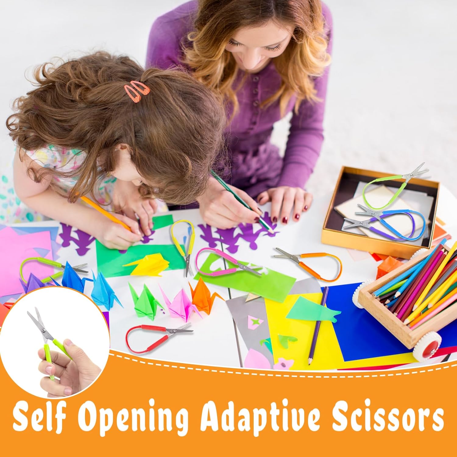 16 Pack Mini Loop Scissors for Kids & Adults, 5.5 Inch Self Opening Adaptive Scissors, Ambidextrous, 8 Colors