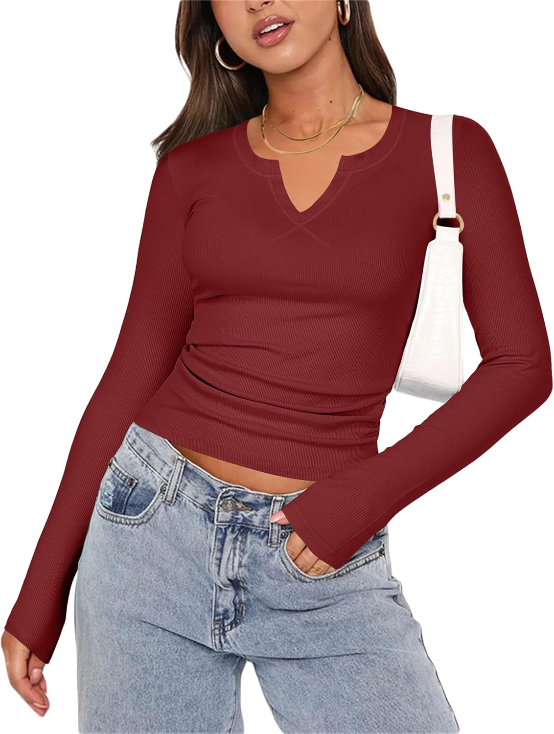 Zeagoo Womens Long Sleeve Shirts V-Neck Rib Knit Slim Fit Tops Casual Stretch Basic Tee Going Out Top Fall Fashion 2025 - Image 2